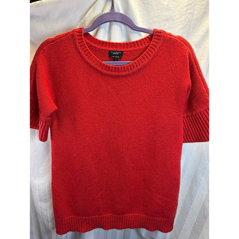 Talbots Women's 100% Cashmere Knit Sweater S Orange Solid Crew Neck Short Sleeve